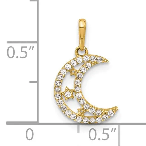 10k Yellow Gold Clear CZ Moon and Stars Charm Pendant