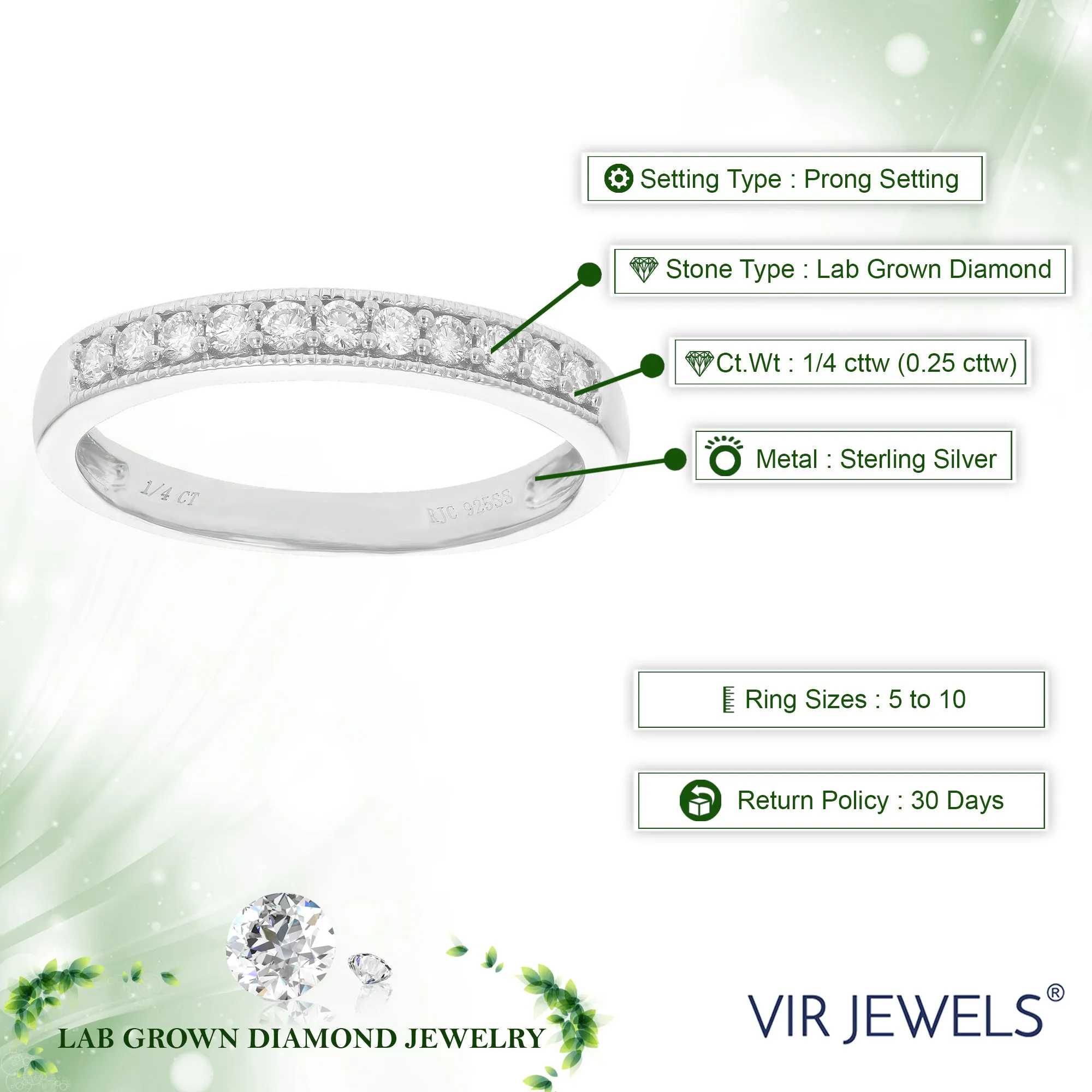 1/4 cttw Lab Grown Diamond Milgrain Wedding Band in Sterling Silver