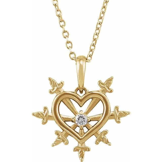 14K Gold .03 CT Natural Diamond Heart & Daggers 16-18" Necklace