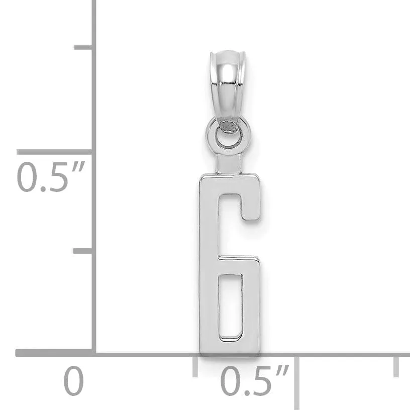 14K White Gold Polished Finished Block Script Design Number 6 Charm Pendant