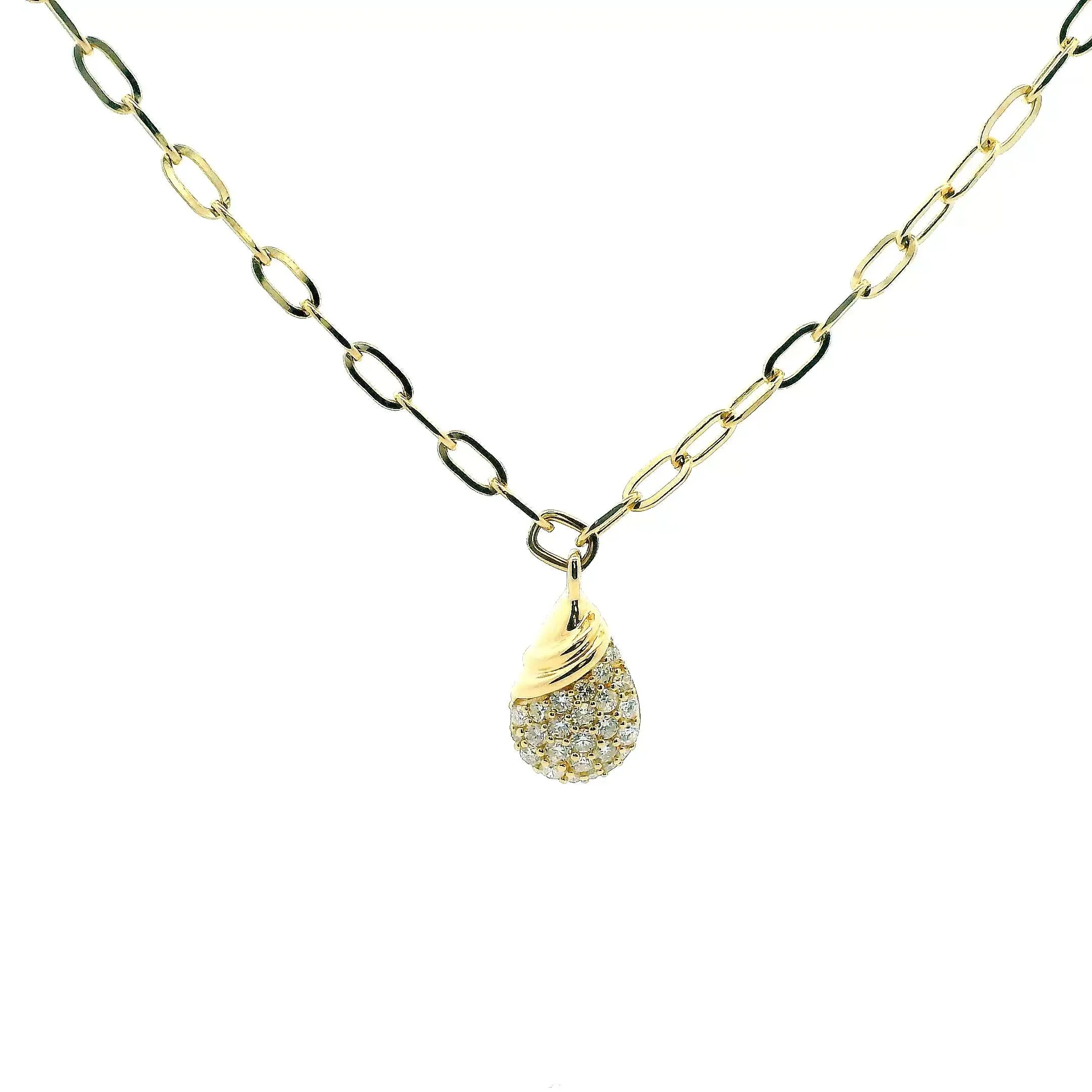 14K Yellow Gold 0.47cttw. Diamond Pavé Pear Pendant Oval Link Necklace