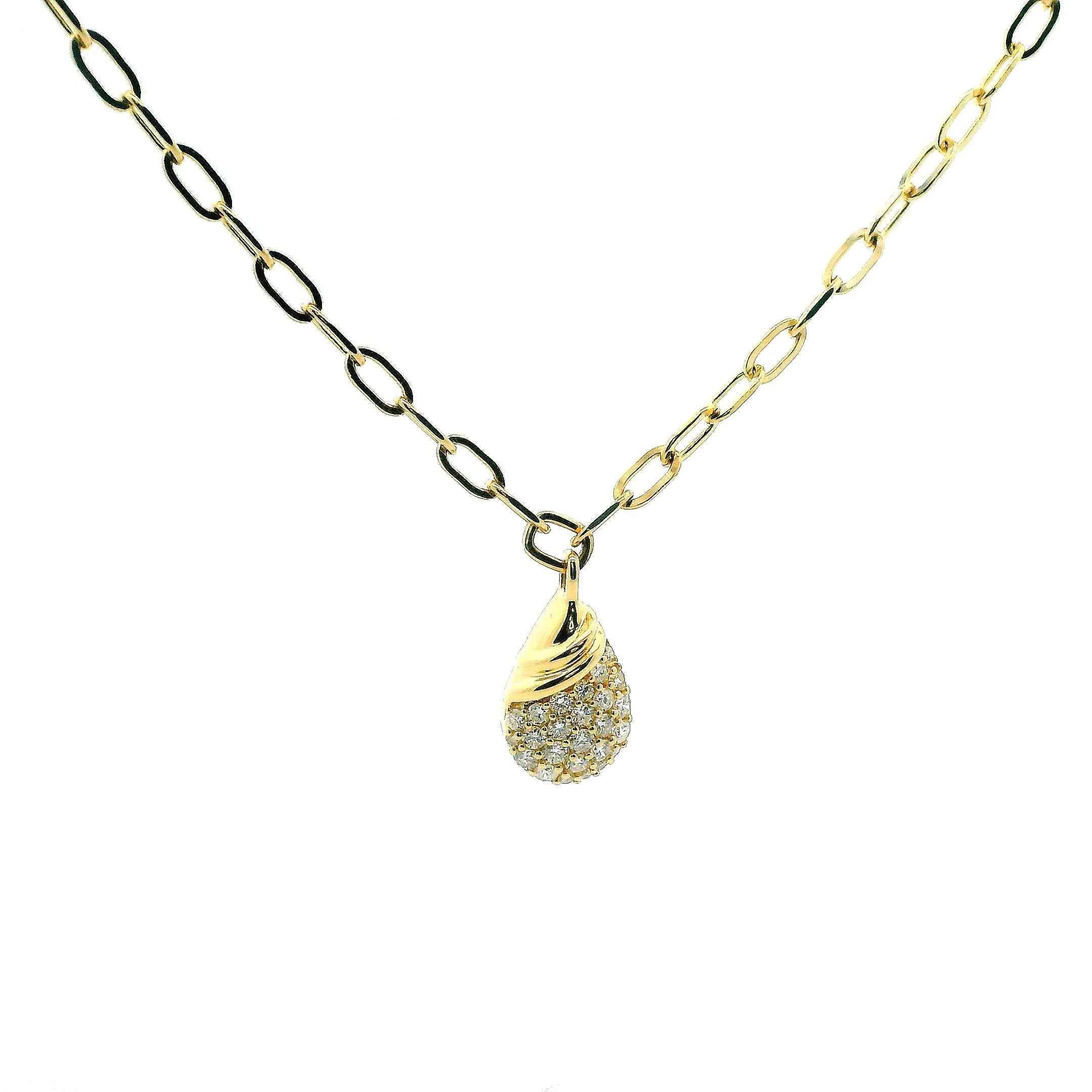 14K Yellow Gold 0.47cttw. Diamond Pavé Pear Pendant Oval Link Necklace