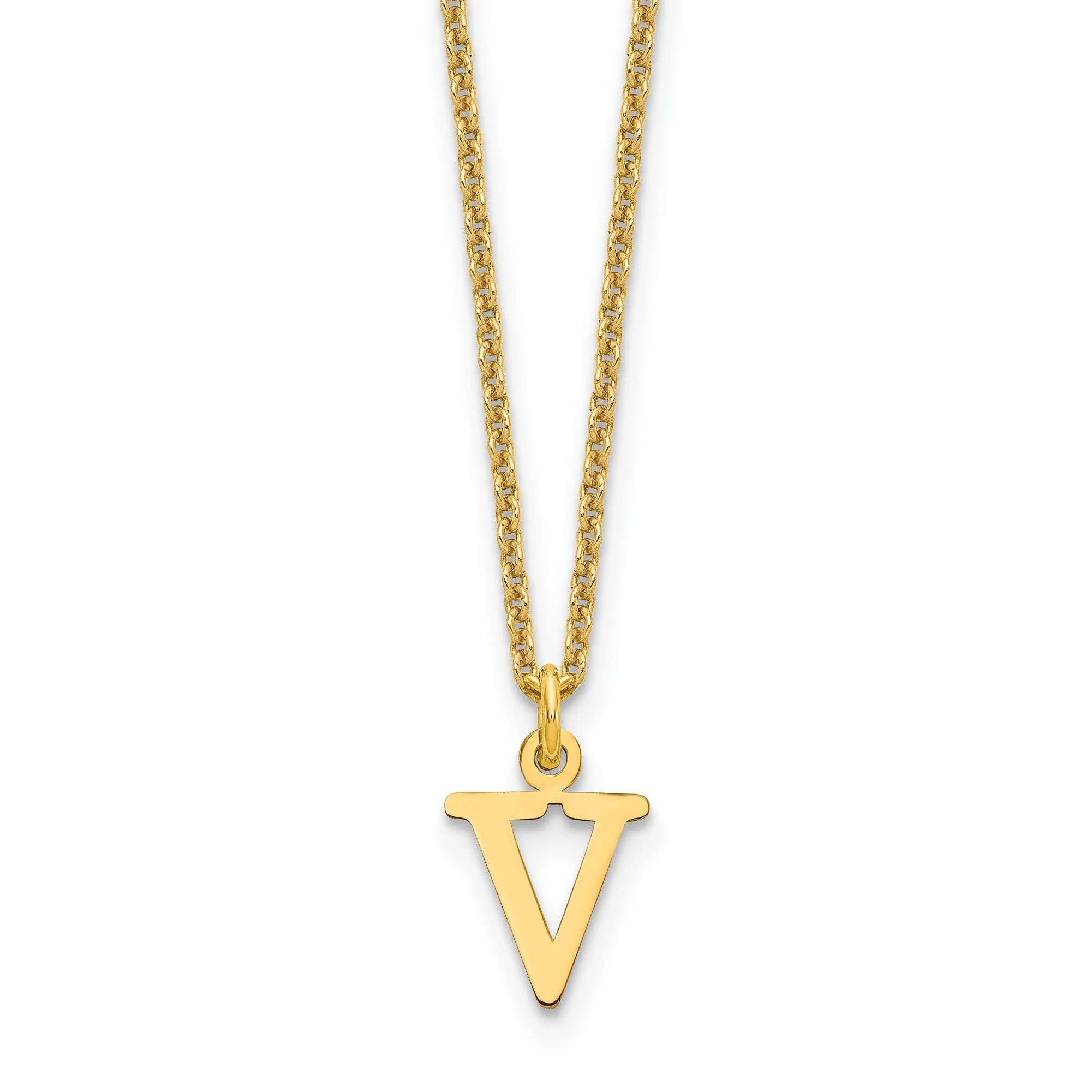 14k Yellow Gold Tiny Cut Out Block Letter V Initial Pendant and Necklace