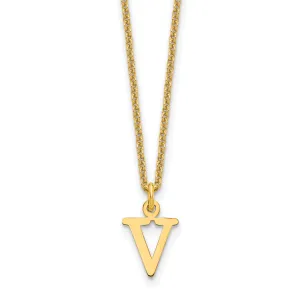 14k Yellow Gold Tiny Cut Out Block Letter V Initial Pendant and Necklace