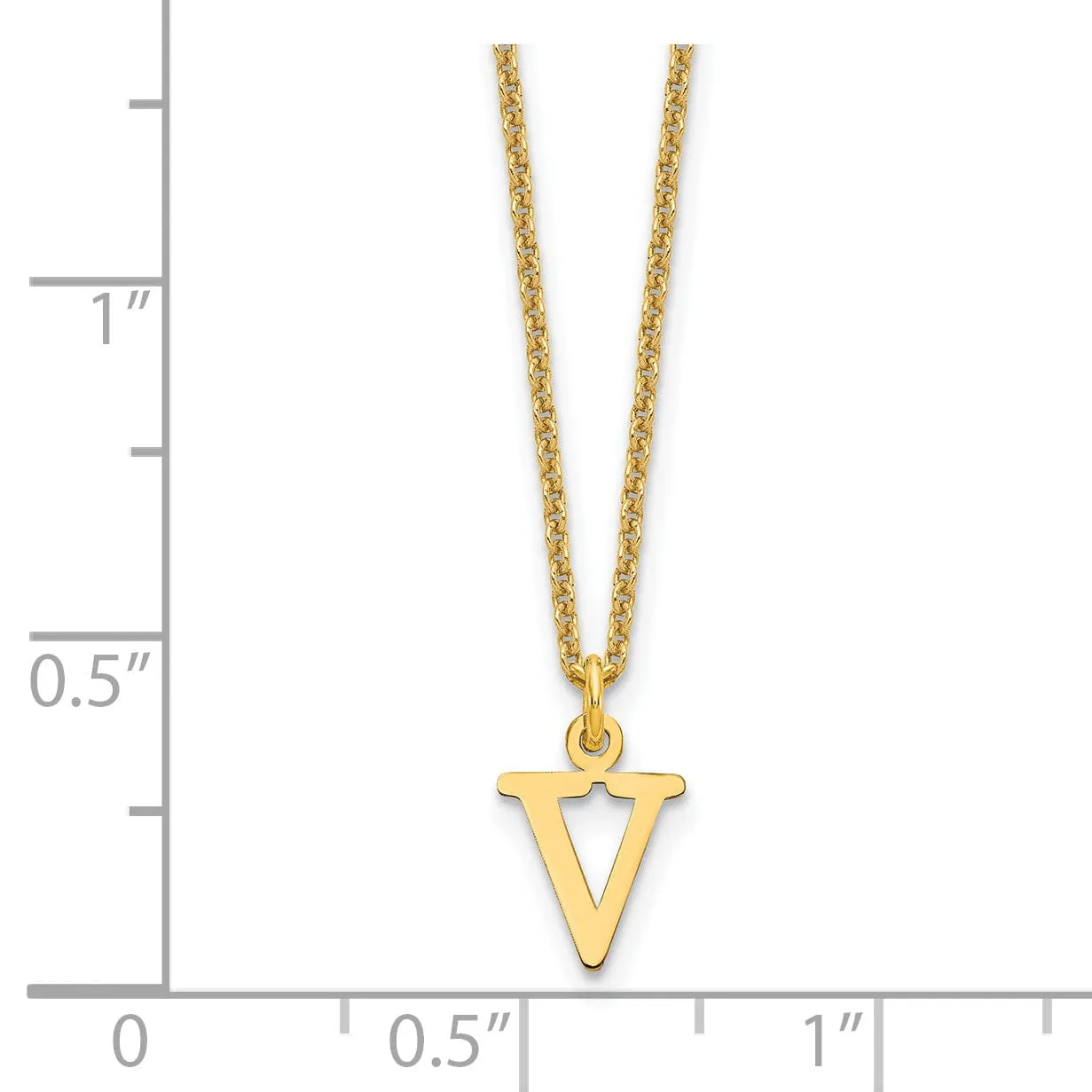 14k Yellow Gold Tiny Cut Out Block Letter V Initial Pendant and Necklace
