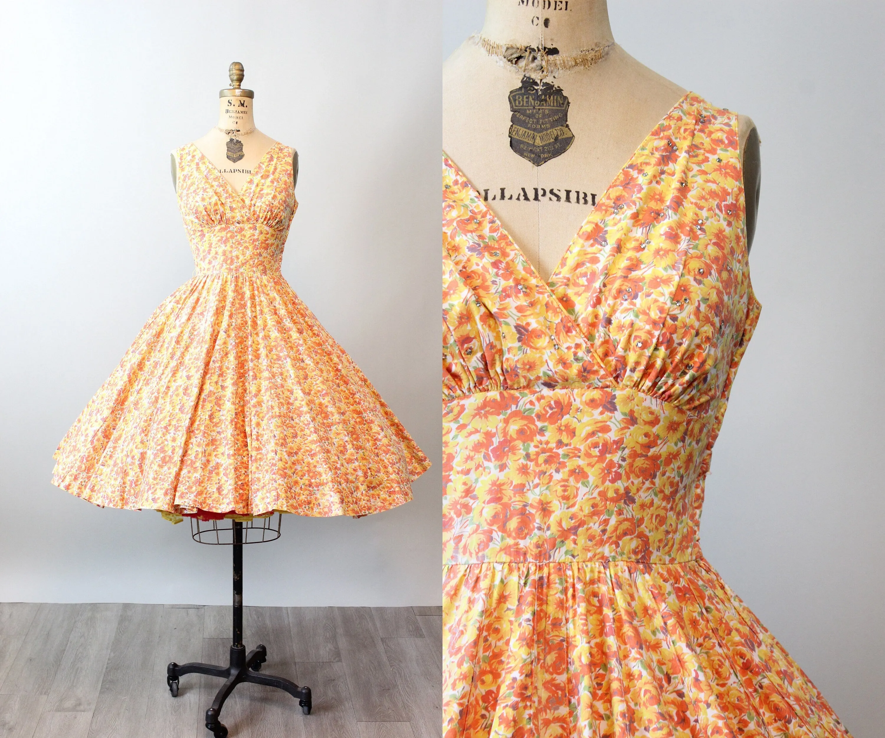 1950s PANSY and ROSE cotton print rhinestone dress xs | new spring