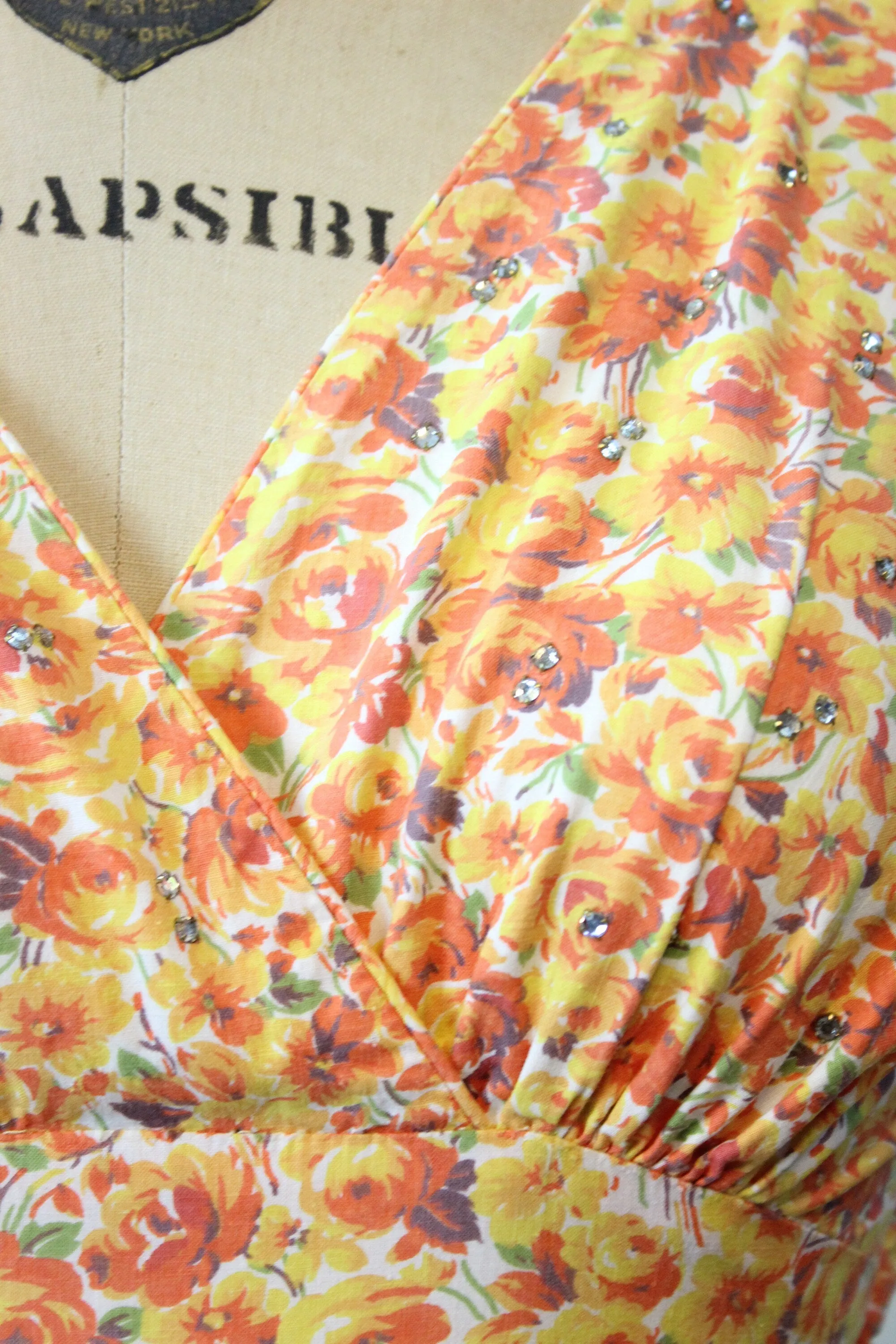 1950s PANSY and ROSE cotton print rhinestone dress xs | new spring