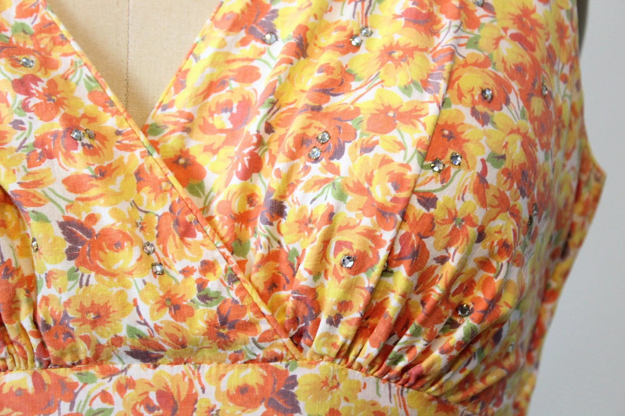1950s PANSY and ROSE cotton print rhinestone dress xs | new spring