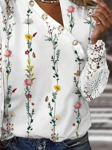 2023Cross-Border Amazon European and American Spring and Autumn New Women's Loose Comfort and Casual Button PrintedTT-shirt Top