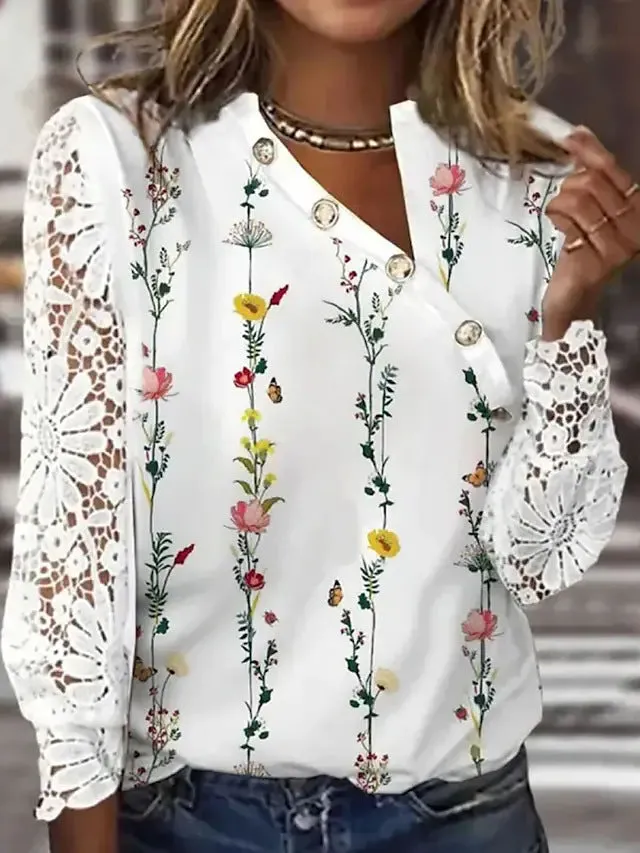 2023Cross-Border Amazon European and American Spring and Autumn New Women's Loose Comfort and Casual Button PrintedTT-shirt Top