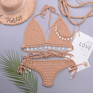 3pcs Bikini Set Woman Crochet Shell Tassel Bikini