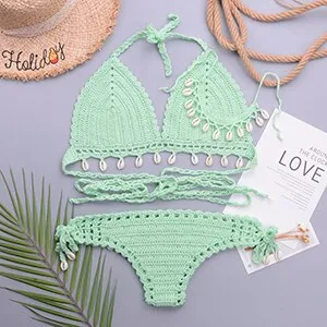 3pcs Bikini Set Woman Crochet Shell Tassel Bikini