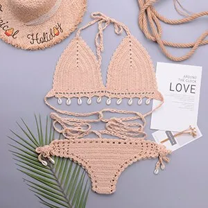 3pcs Bikini Set Woman Crochet Shell Tassel Bikini