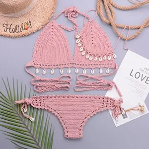 3pcs Bikini Set Woman Crochet Shell Tassel Bikini