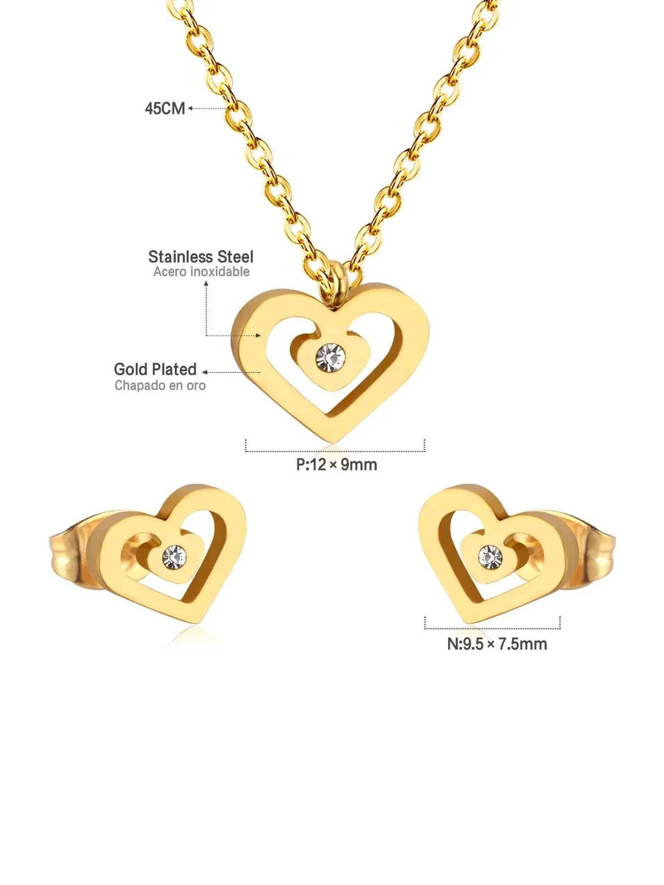 3pcs Stainless Steel Heart Shaped Earring and Necklace Jewelry Set - FD ⚡