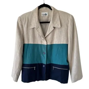 80s Color Block Linen Blend Blazer by Paul Harris Design Womens L Twee