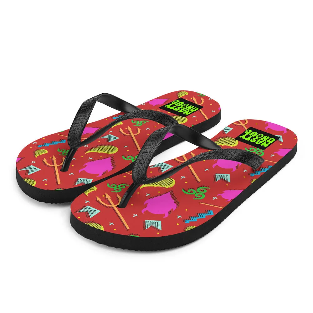 90s Devil Pattern Red Flip-Flops / All Over Print Unisex