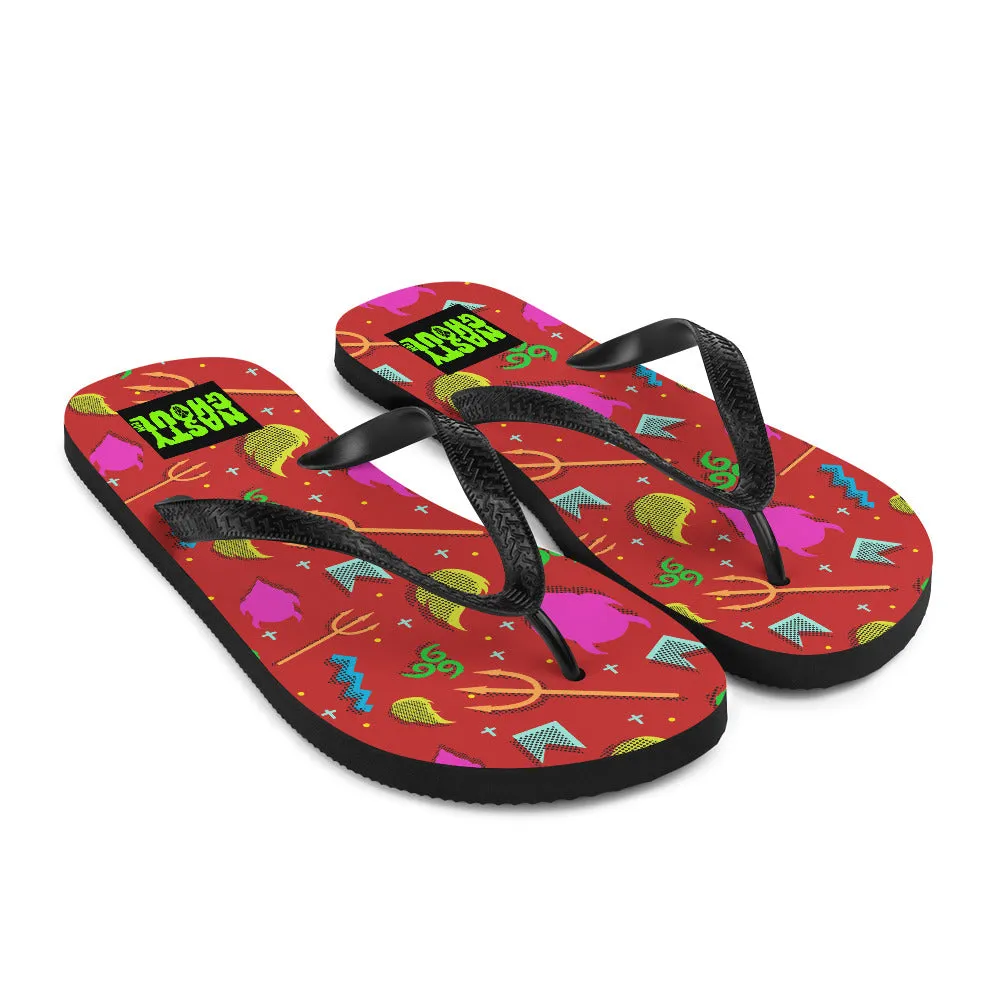 90s Devil Pattern Red Flip-Flops / All Over Print Unisex