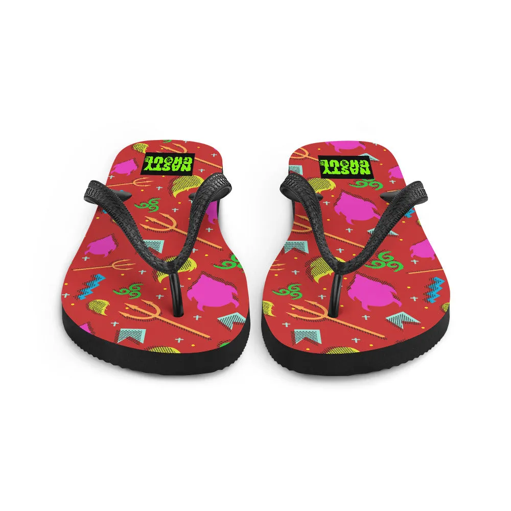 90s Devil Pattern Red Flip-Flops / All Over Print Unisex