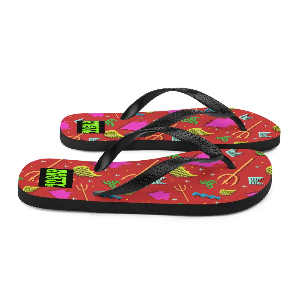 90s Devil Pattern Red Flip-Flops / All Over Print Unisex