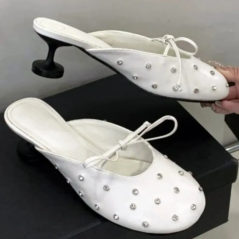 ADVBRIDGE  -  Luxury Rhinestone Bow High Heel Shoes for Woman Round Toe Thin Heel Designer Slide Sandals Fashion Shallow Comfort Women Sandals