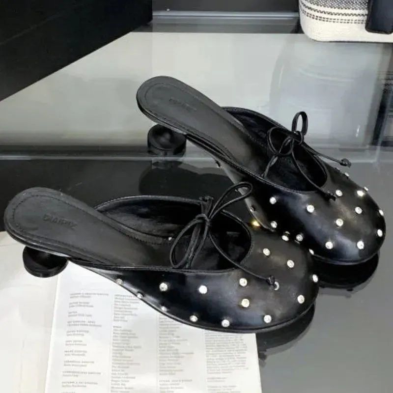 ADVBRIDGE  -  Luxury Rhinestone Bow High Heel Shoes for Woman Round Toe Thin Heel Designer Slide Sandals Fashion Shallow Comfort Women Sandals