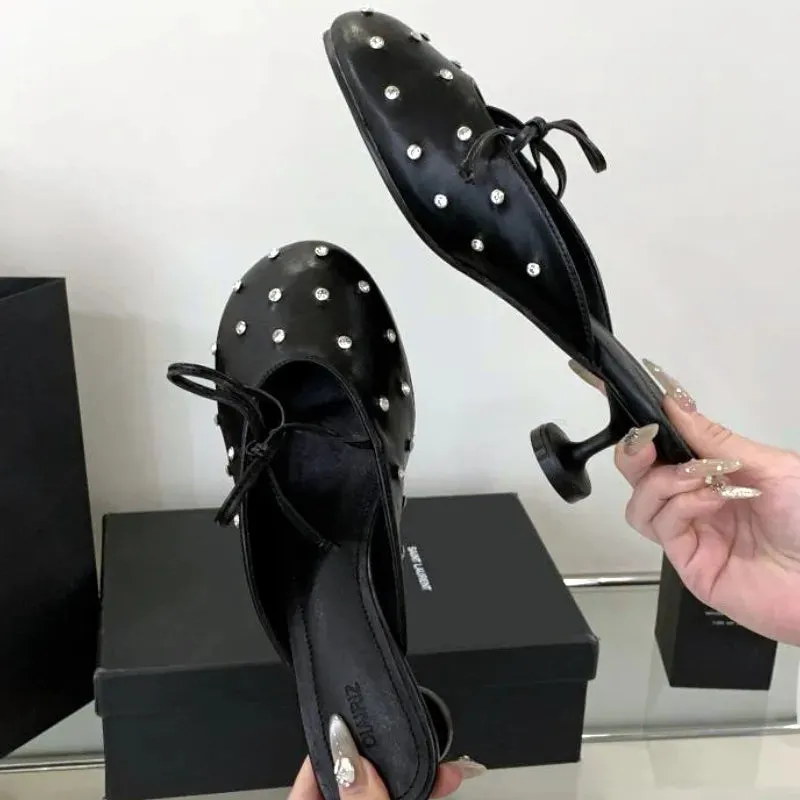 ADVBRIDGE  -  Luxury Rhinestone Bow High Heel Shoes for Woman Round Toe Thin Heel Designer Slide Sandals Fashion Shallow Comfort Women Sandals