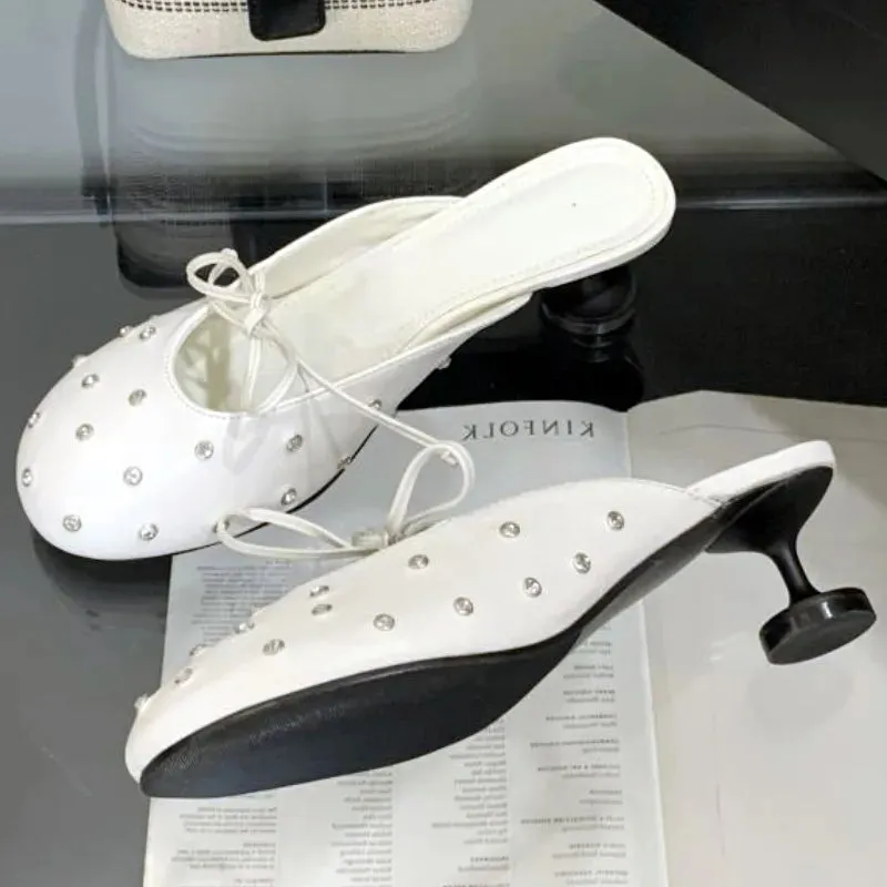 ADVBRIDGE  -  Luxury Rhinestone Bow High Heel Shoes for Woman Round Toe Thin Heel Designer Slide Sandals Fashion Shallow Comfort Women Sandals