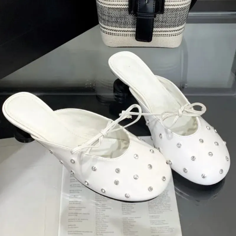 ADVBRIDGE  -  Luxury Rhinestone Bow High Heel Shoes for Woman Round Toe Thin Heel Designer Slide Sandals Fashion Shallow Comfort Women Sandals