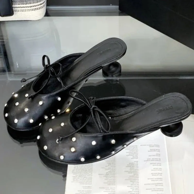 ADVBRIDGE  -  Luxury Rhinestone Bow High Heel Shoes for Woman Round Toe Thin Heel Designer Slide Sandals Fashion Shallow Comfort Women Sandals