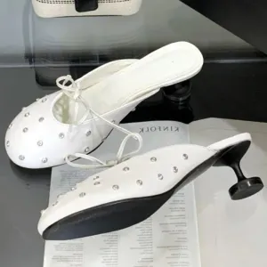 ADVBRIDGE  -  Luxury Rhinestone Bow High Heel Shoes for Woman Round Toe Thin Heel Designer Slide Sandals Fashion Shallow Comfort Women Sandals