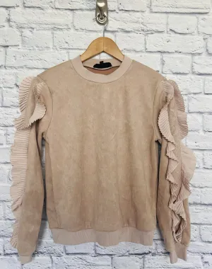 ALICE BLUE Womens Faux Suede Sweatshirt Top Sz S Lace Detail Ruffle Sleeves Boho