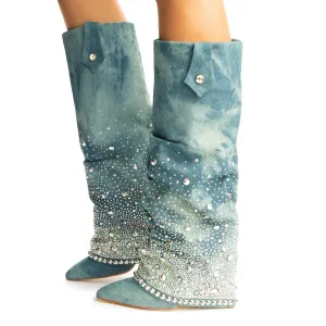 Allo Denim Rhinestone Heel Boots