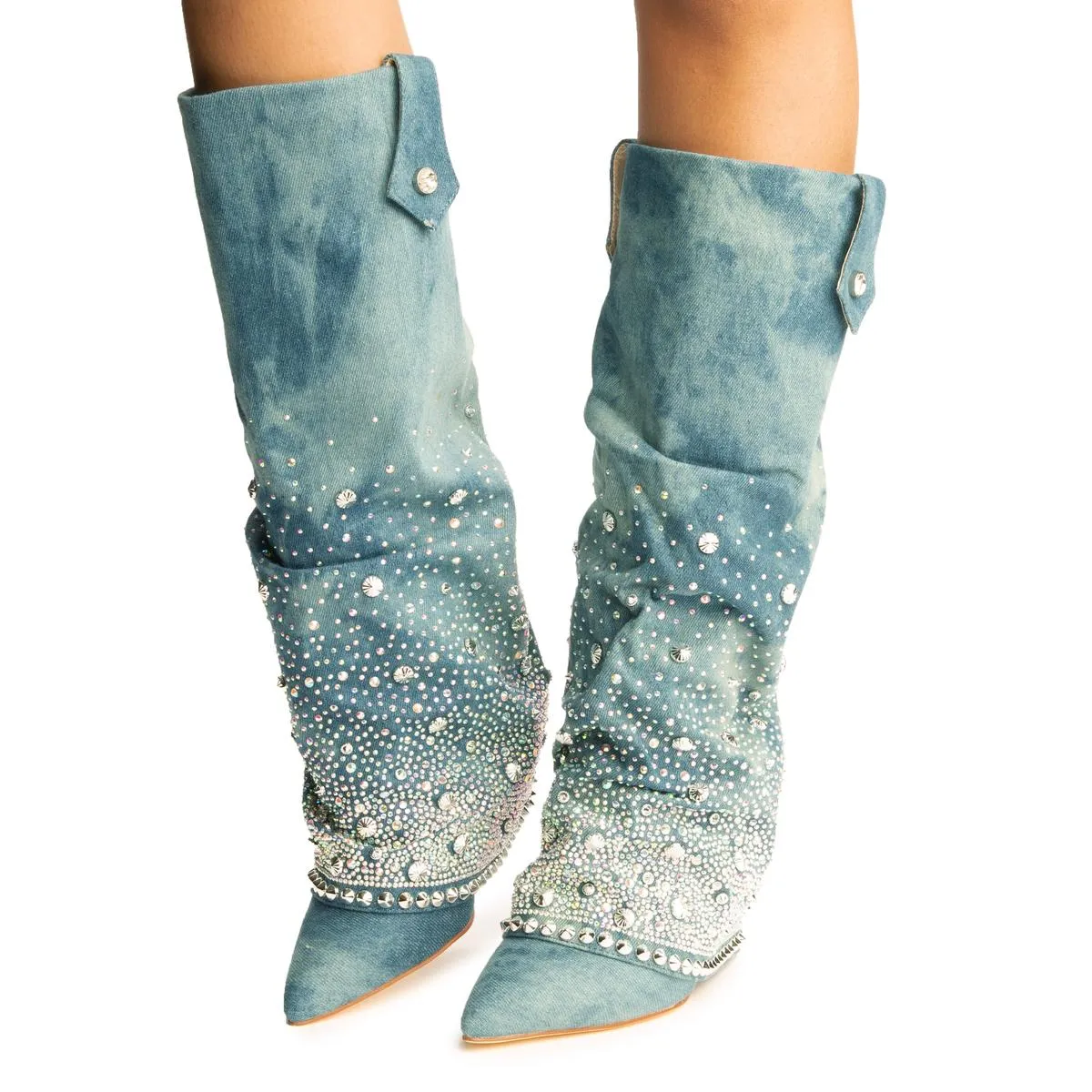 Allo Denim Rhinestone Heel Boots
