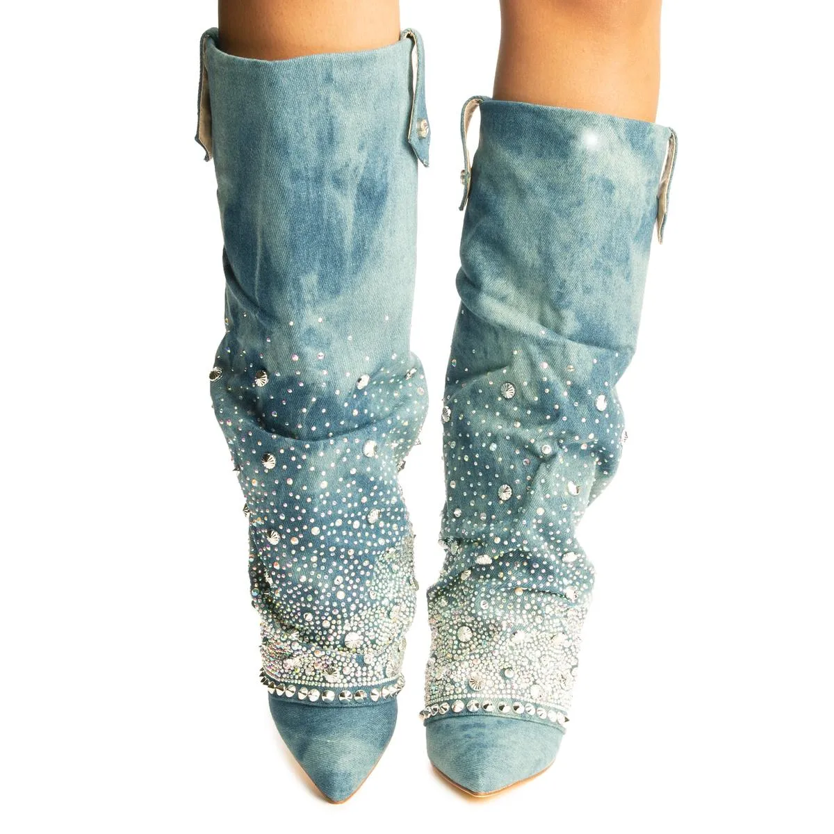 Allo Denim Rhinestone Heel Boots