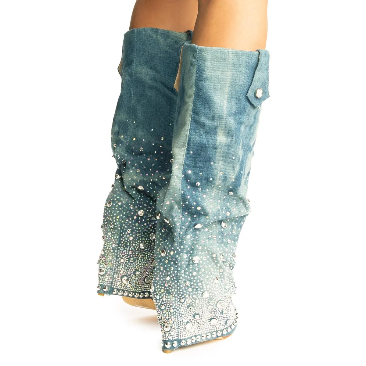 Allo Denim Rhinestone Heel Boots