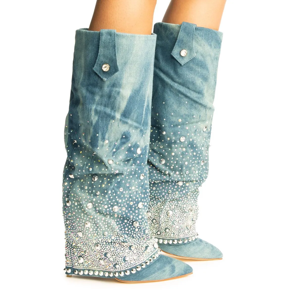 Allo Denim Rhinestone Heel Boots