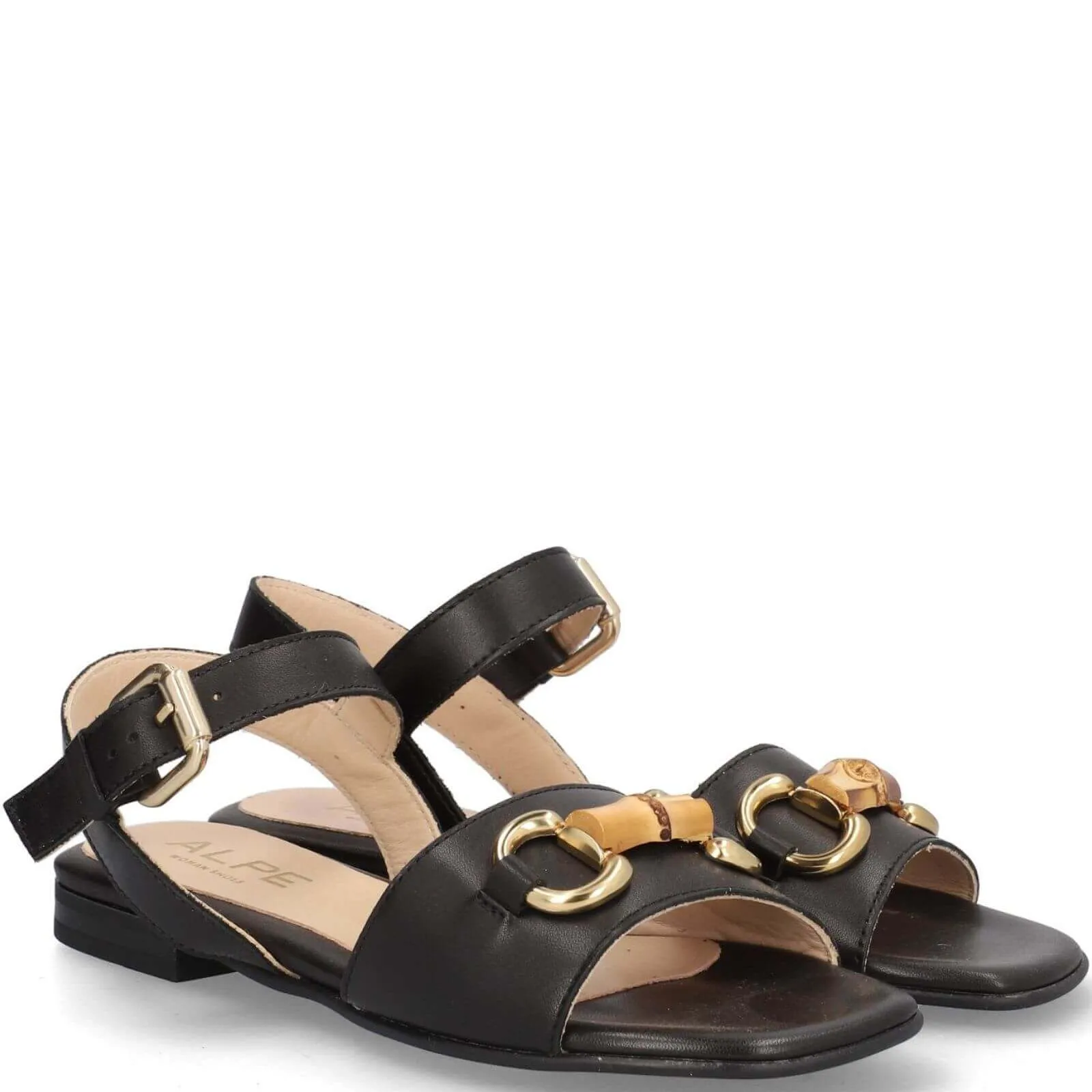 Alpe Black Leather Flat Sandals