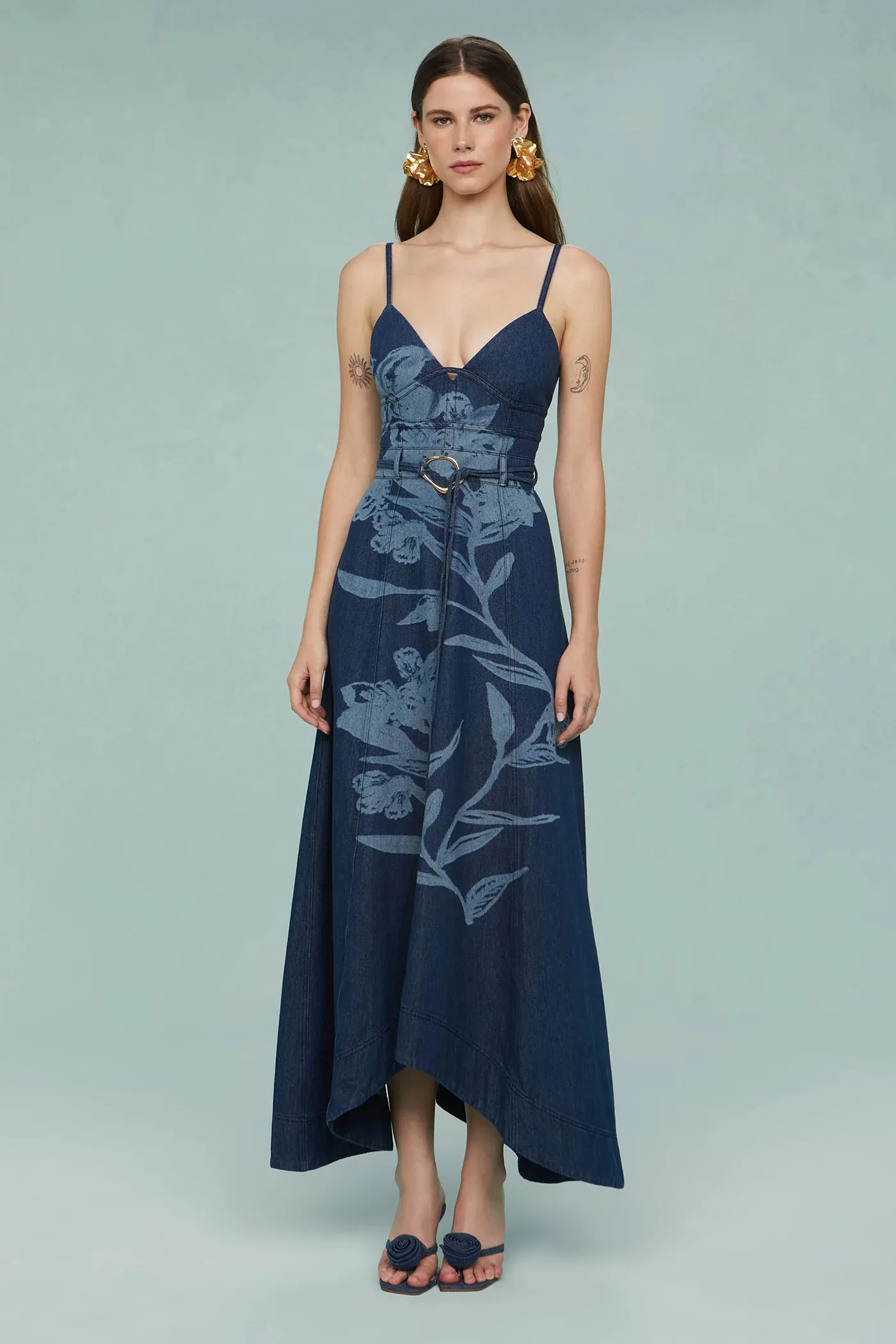 AMUR Dana Printed Denim Midi Dress