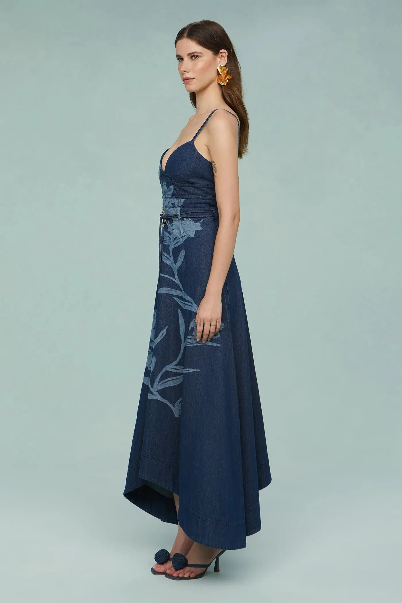 AMUR Dana Printed Denim Midi Dress