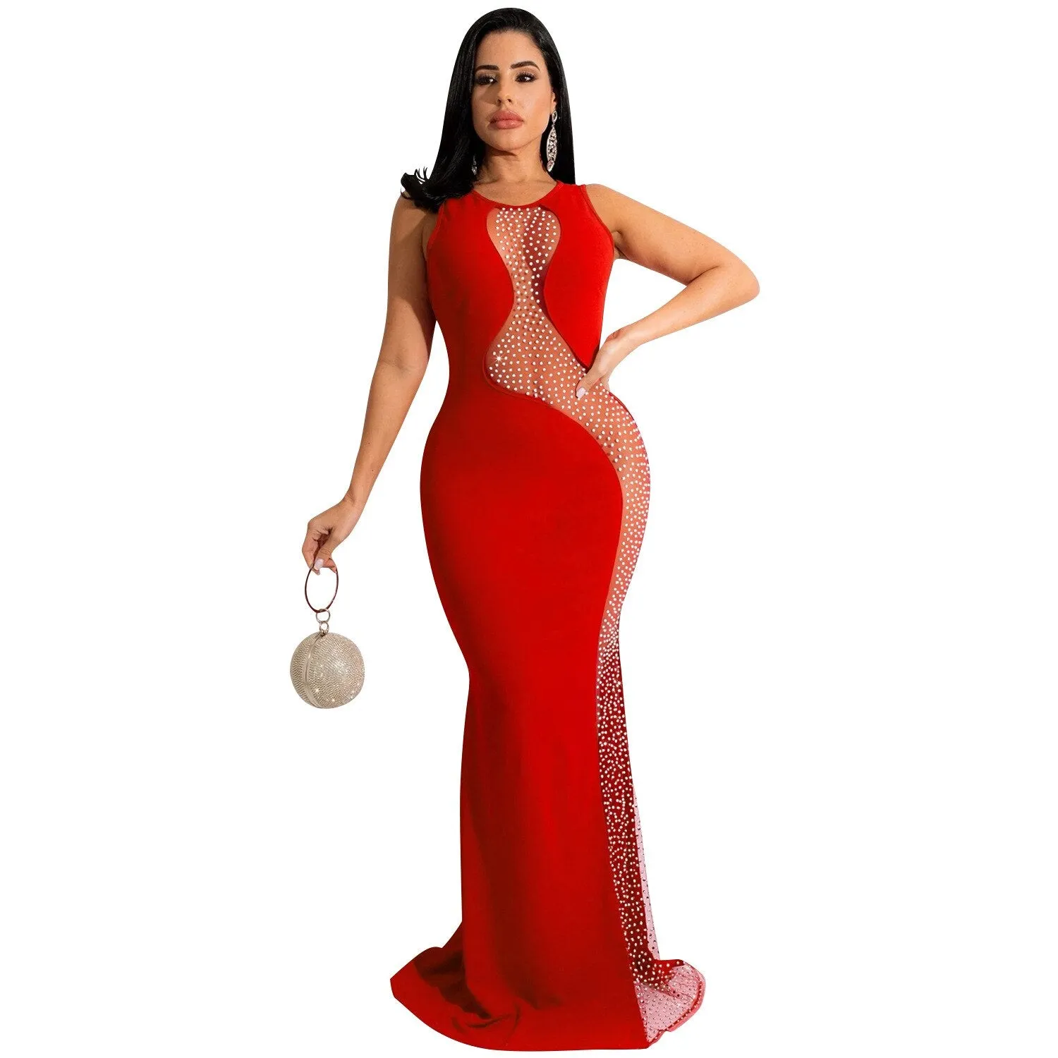 ANJAMANOR Rhinestone Mesh Sleeveless Open Back Maxi Dress