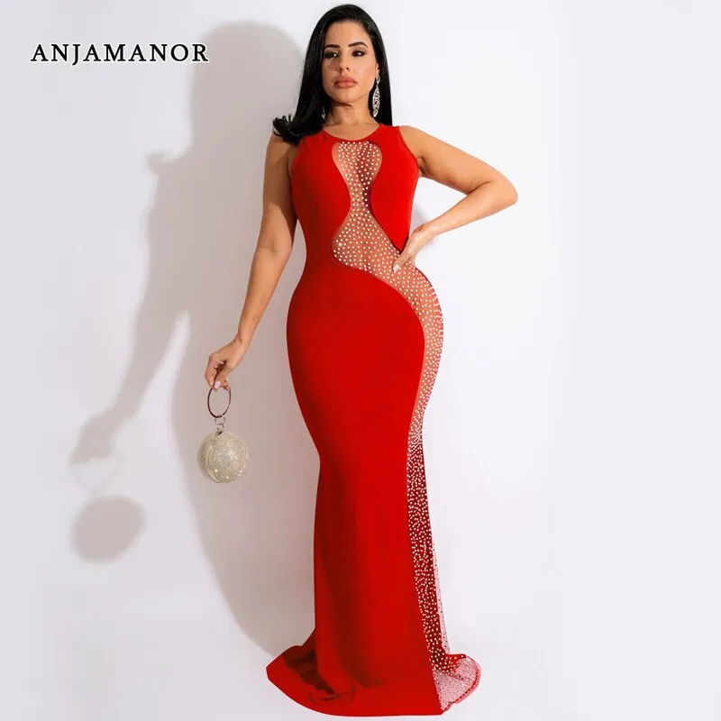 ANJAMANOR Rhinestone Mesh Sleeveless Open Back Maxi Dress