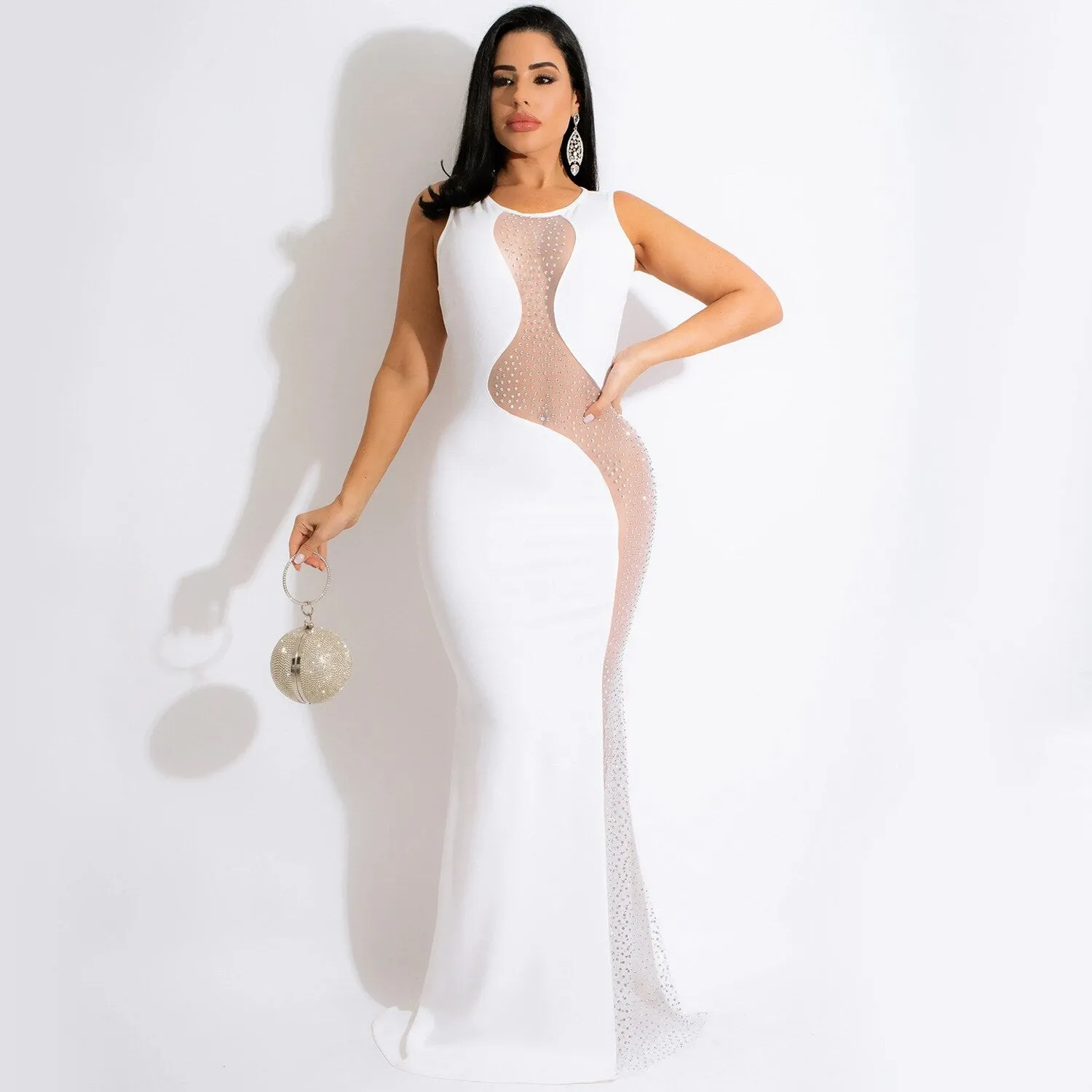 ANJAMANOR Rhinestone Mesh Sleeveless Open Back Maxi Dress