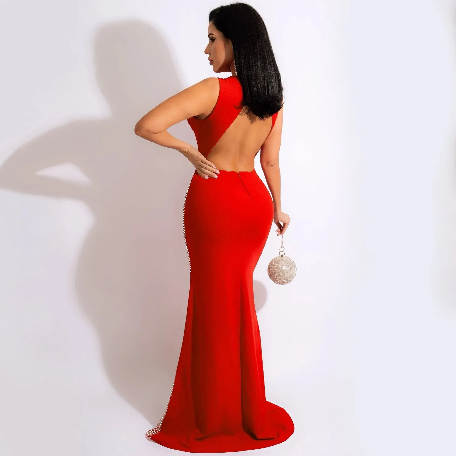 ANJAMANOR Rhinestone Mesh Sleeveless Open Back Maxi Dress