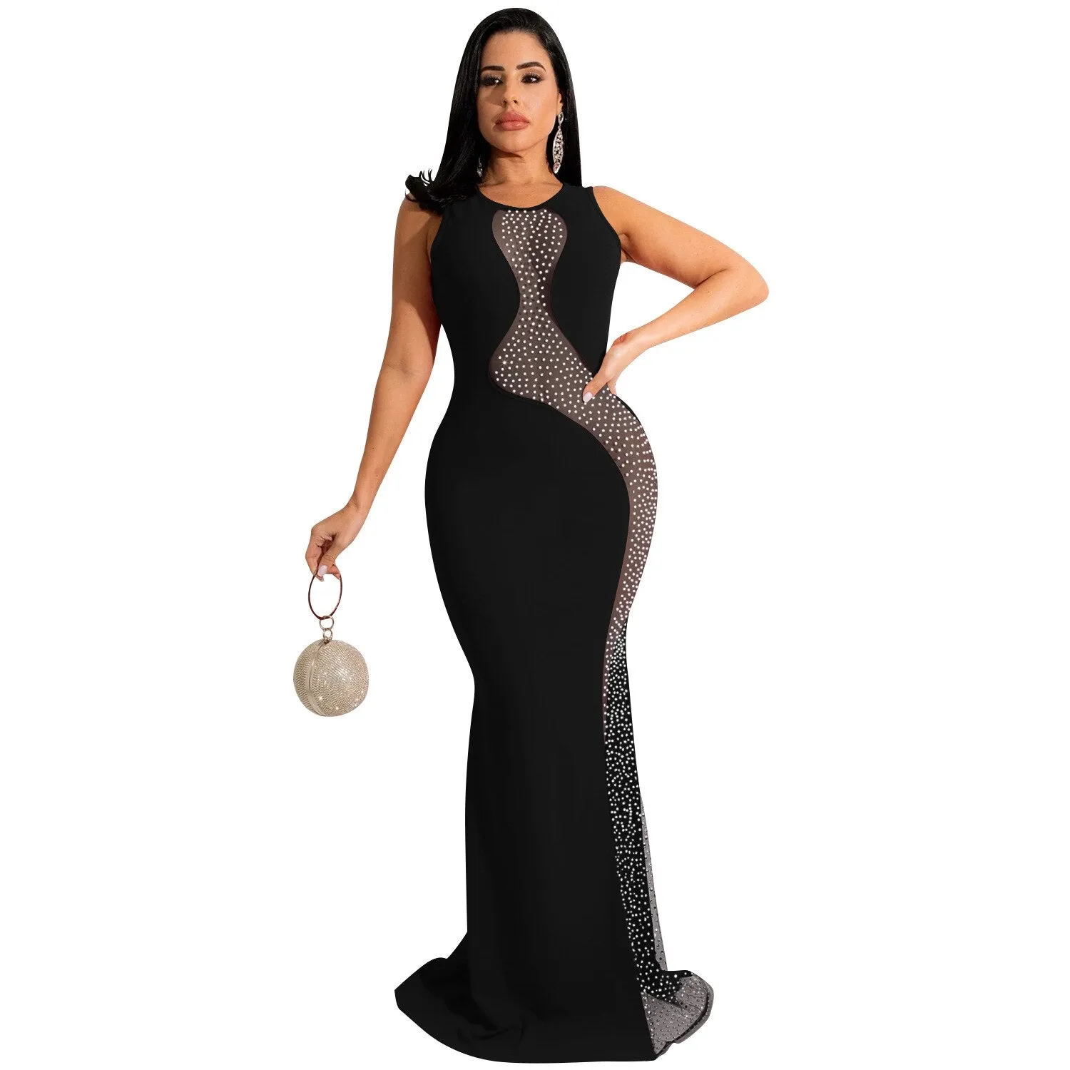 ANJAMANOR Rhinestone Mesh Sleeveless Open Back Maxi Dress