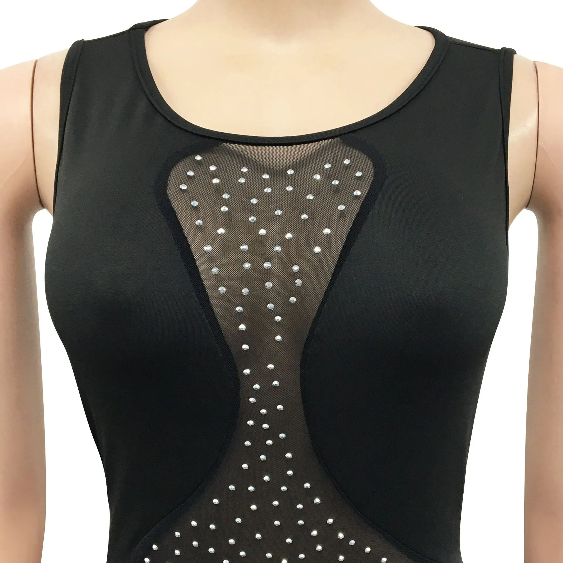 ANJAMANOR Rhinestone Mesh Sleeveless Open Back Maxi Dress