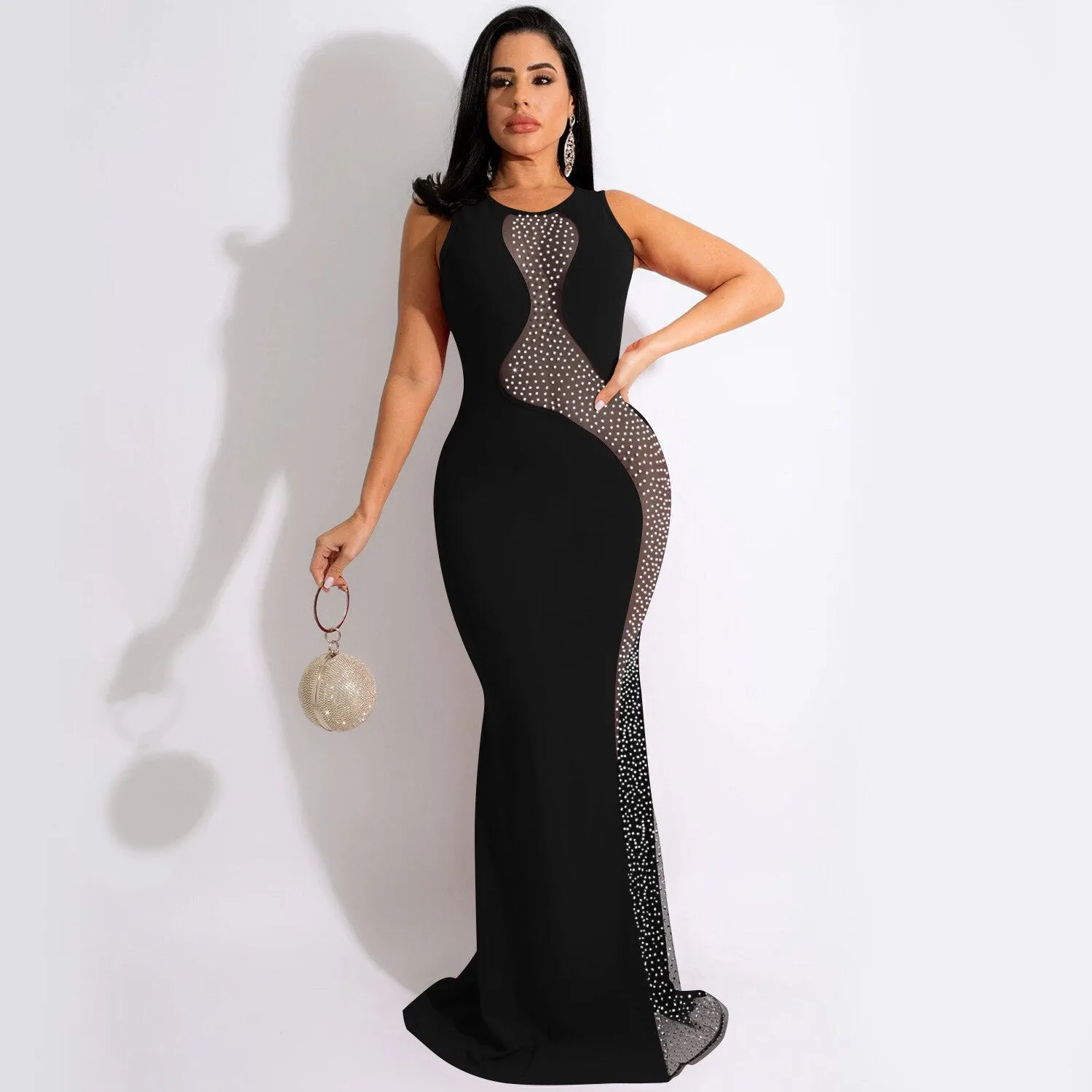 ANJAMANOR Rhinestone Mesh Sleeveless Open Back Maxi Dress