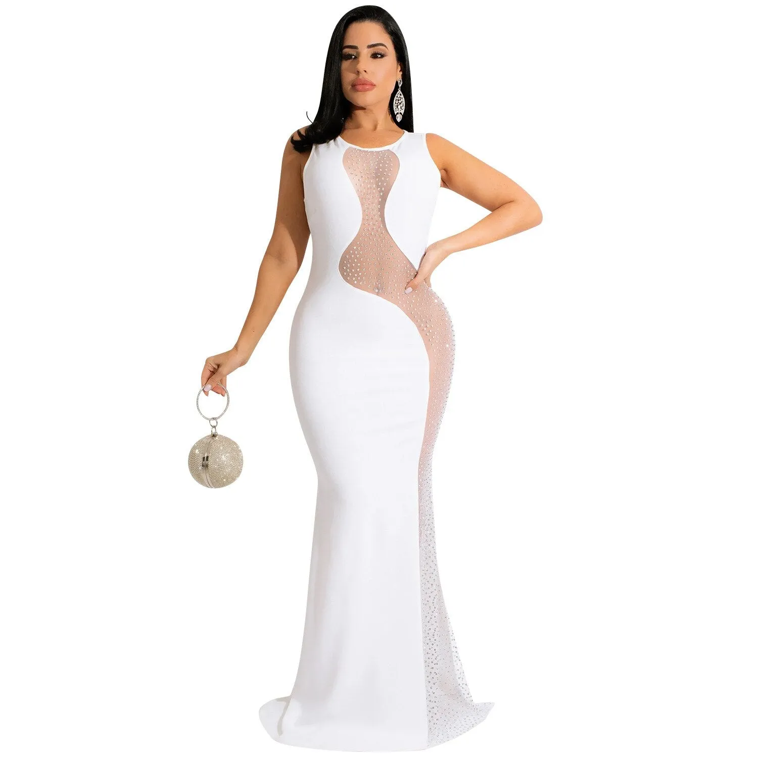 ANJAMANOR Rhinestone Mesh Sleeveless Open Back Maxi Dress