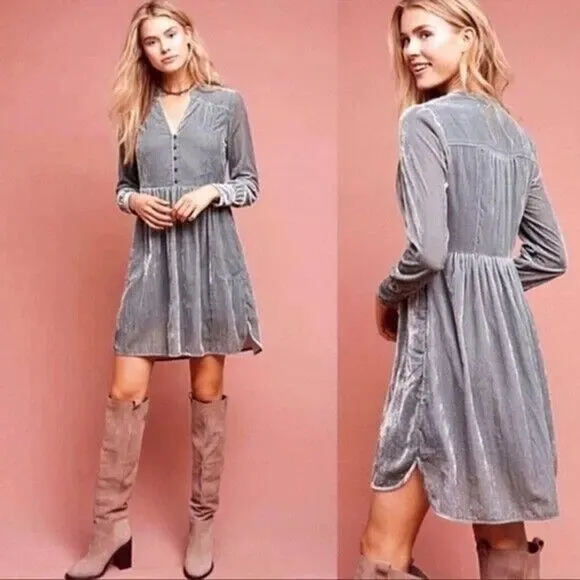 Anthropologie Holding Horses Crushed Velvet Dress Womens Size S Gray Long Sleeve
