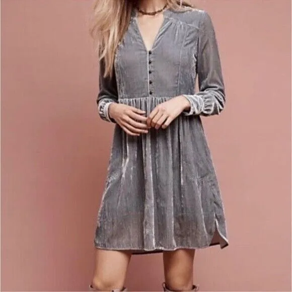 Anthropologie Holding Horses Crushed Velvet Dress Womens Size S Gray Long Sleeve